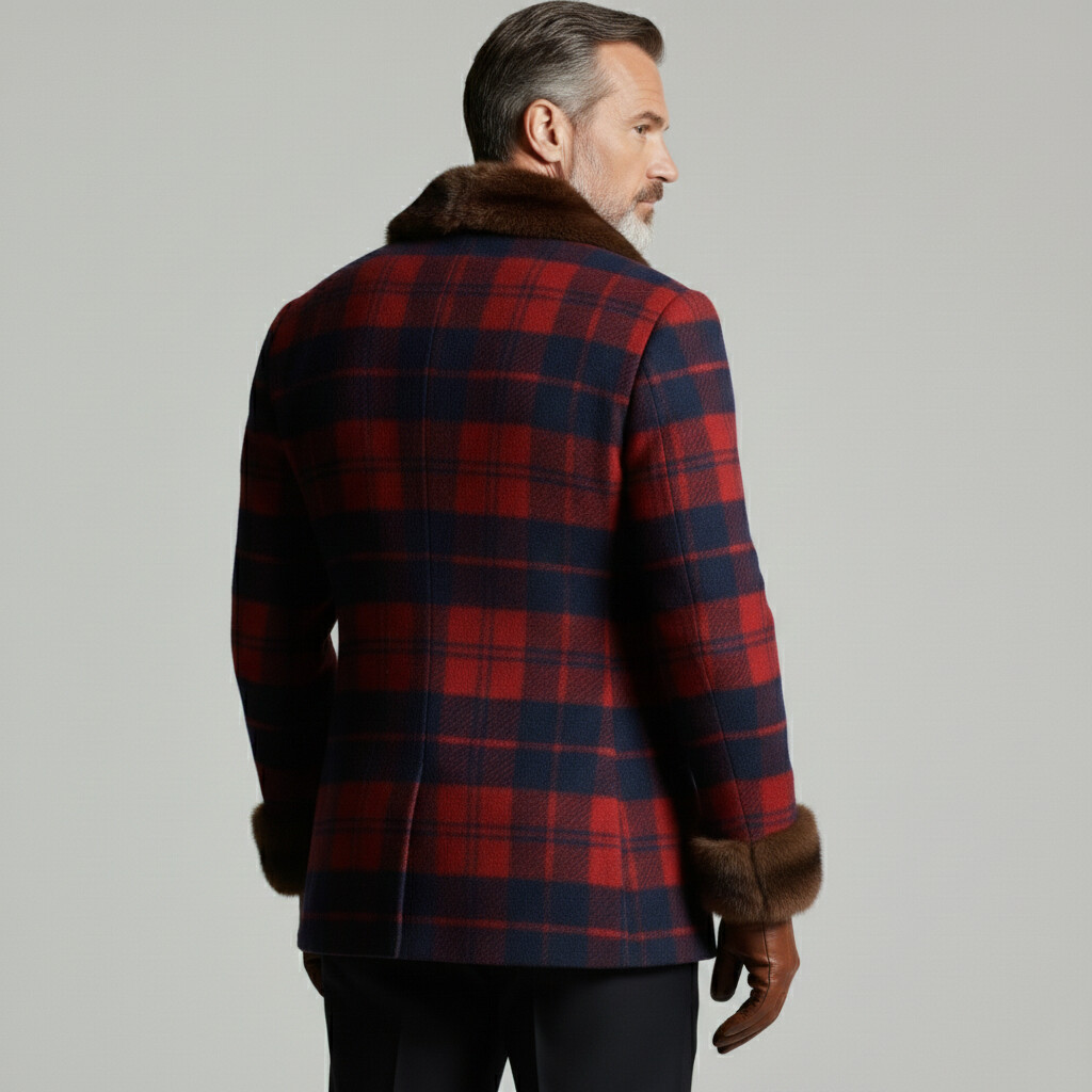 Men's Red Plaid Print Fur Patchwork Lapel Collar Long Sleeve Double Breasted Blazers