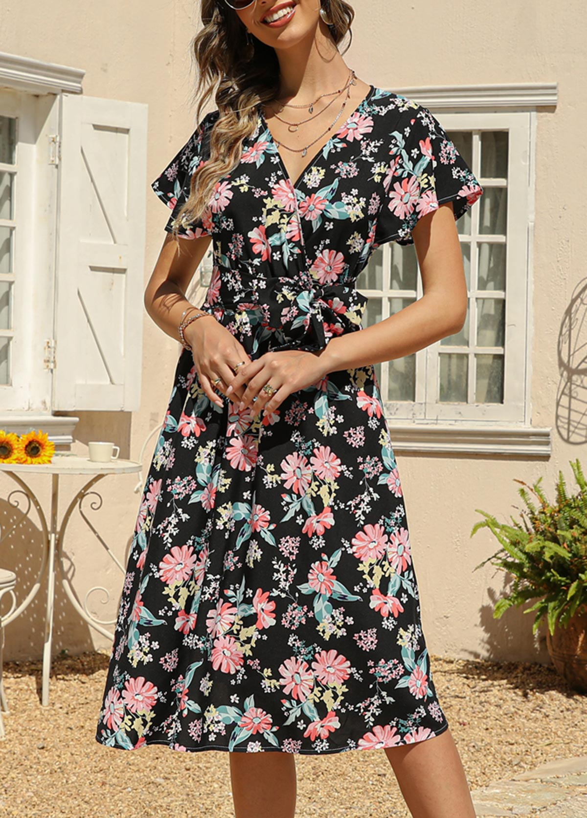 Black Belted Floral Print Cross Front Dress