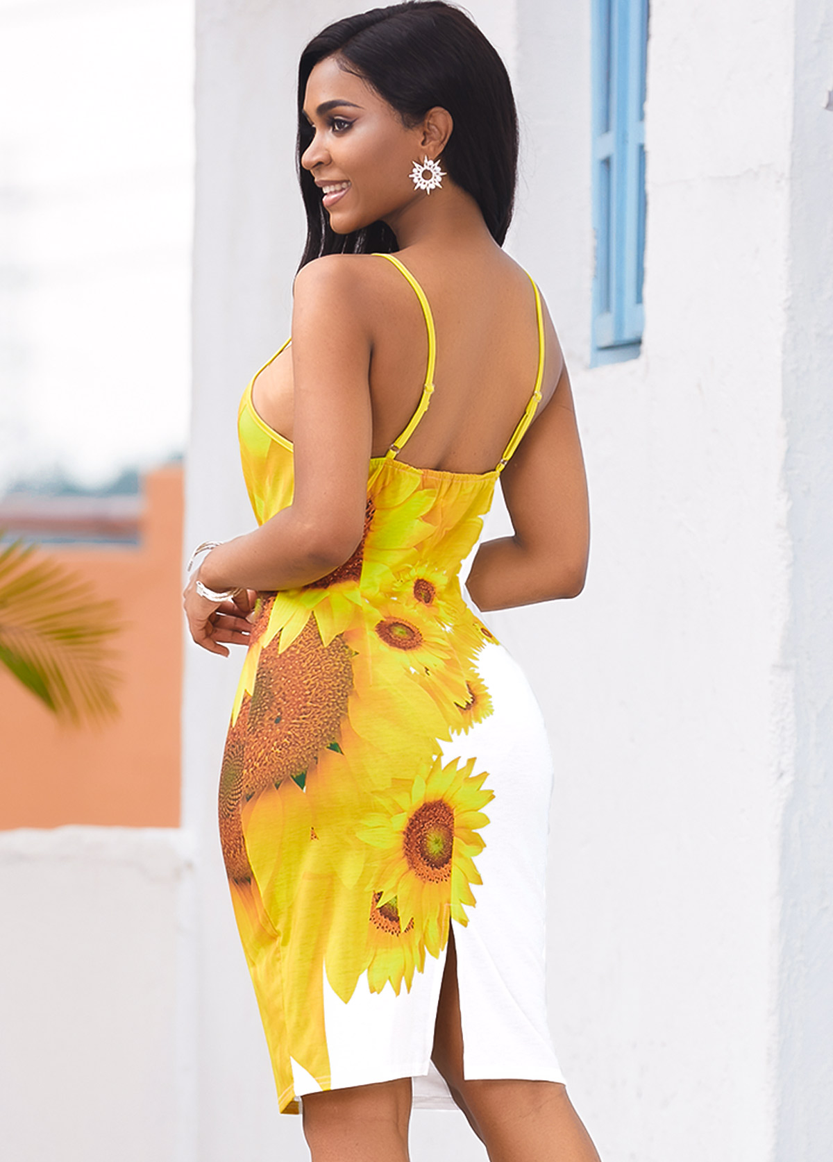 Back Slit Sunflower Print Spaghetti Strap Dress