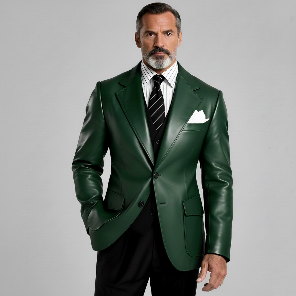 Men's Dark Green PU Leather Notched Lapel Single Breasted Flap Pockets Long Sleeve Blazer