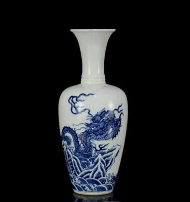 Pair Kangxi Singed Old Chinese Blue&White Vase W/dragon N1025