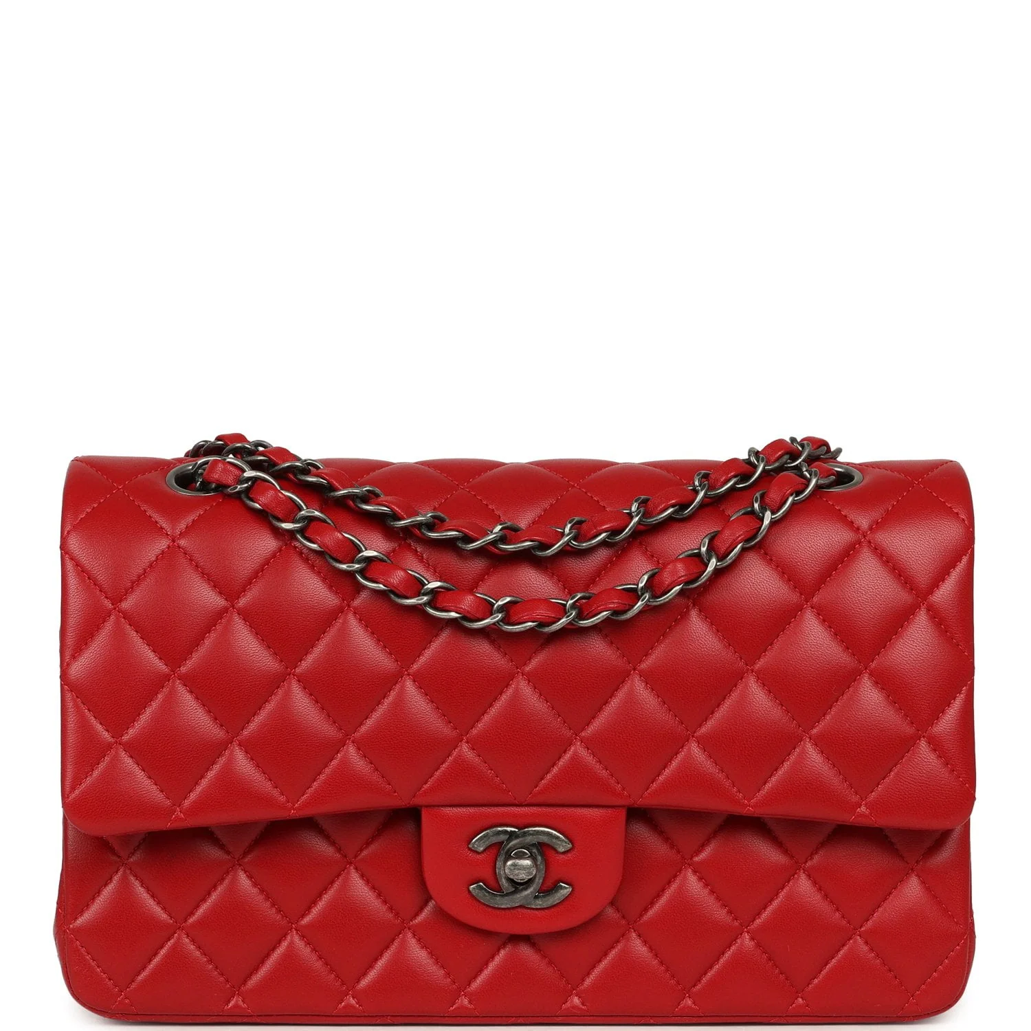 CHANEL Medium Classic Double Flap Bag Red Lambskin Aged Ruthenium Hardware