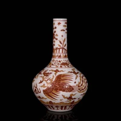 Pair Chenghua Signed Old Chinese Red Glaze Vase W/phoenix N3393