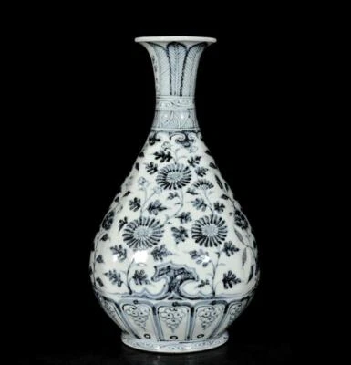 32CM Xuande Signed Old Chinese Blue and White Vase W/flower N3197