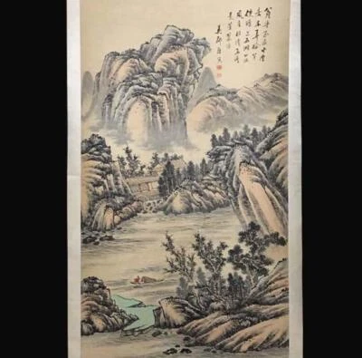 Tang Yin Signed Chinese Hand Painted Calligraphy Scroll w/ landscape N2726