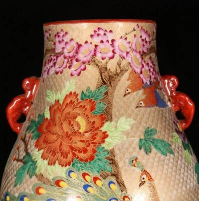 38CM Qianlong Signed Old Chinese Cloisonne Enamel Porcelain Vase w/phoenix N1469