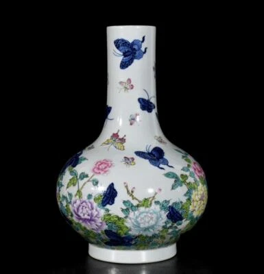 33CM Qianlong Signed Old Chinese Colour Enamel Vase W/butterfly N3434