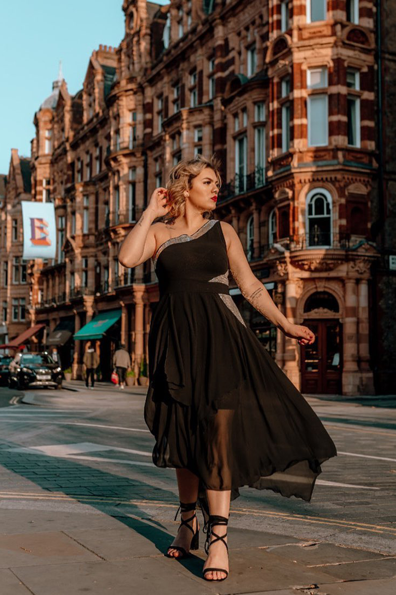 High Waist One Shoulder Asymmetric Hem Dress