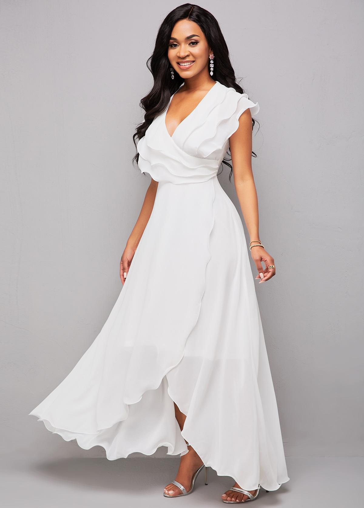 Flounce Asymmetric Hem V Neck Maxi Dress