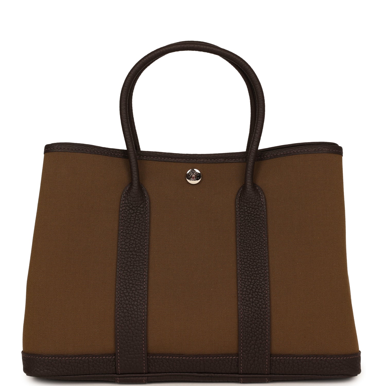 HERMÈS Garden Party 30 Vert Loden Toile Officier Canvas, Bai Brun Negonda Palladium Hardware