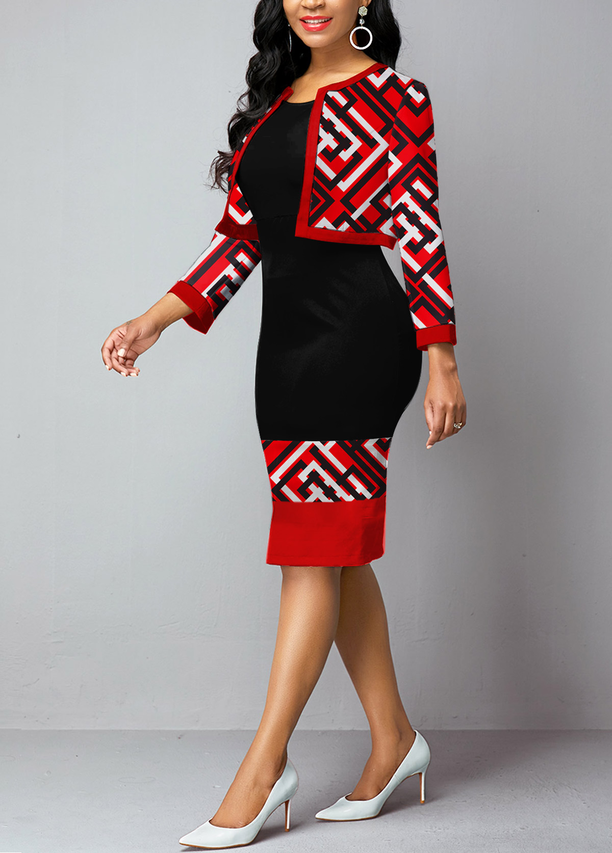 Geometric PrintRed Long Sleeve Bodycon Dress and Cardigan