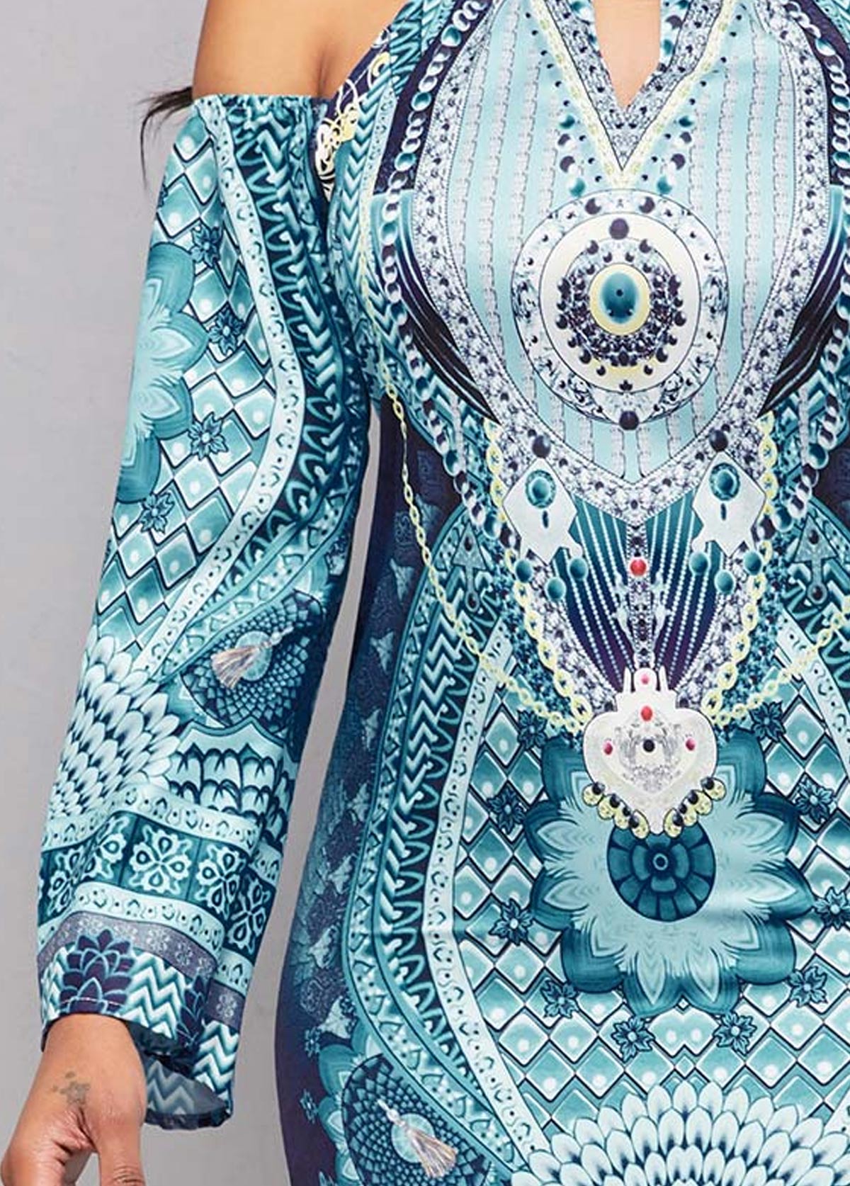 Long Sleeve Bib Neck Tribal Print Bodycon Dress