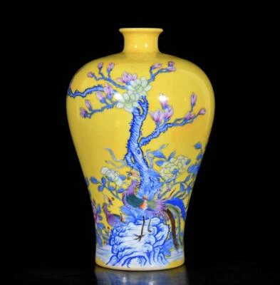 Qianlong Signed Pair Old Chinese Colour Enamel Vase W/phoenix N3684