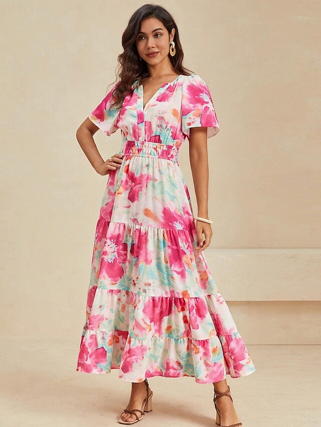 Women's Tiered Dress Tie Dye Elastic Waist V Neck Maxi Dress Stylish Vacation Short Sleeve Summer