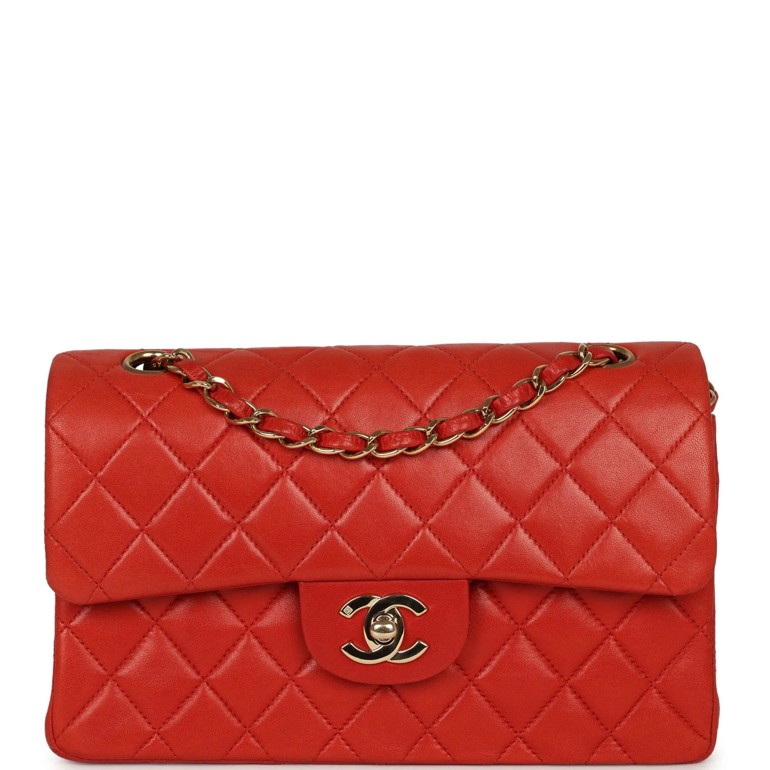 CHANEL Small Classic Double Flap Bag Red Lambskin Gold Hardware