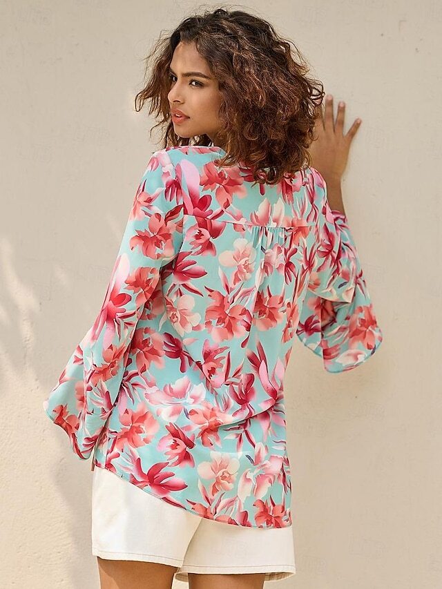 Women's Blouse Chiffon Floral Asymmetric Vacation Stylish Bell Sleeve 3/4 Length Sleeve V Neck Light Green Spring & Fall