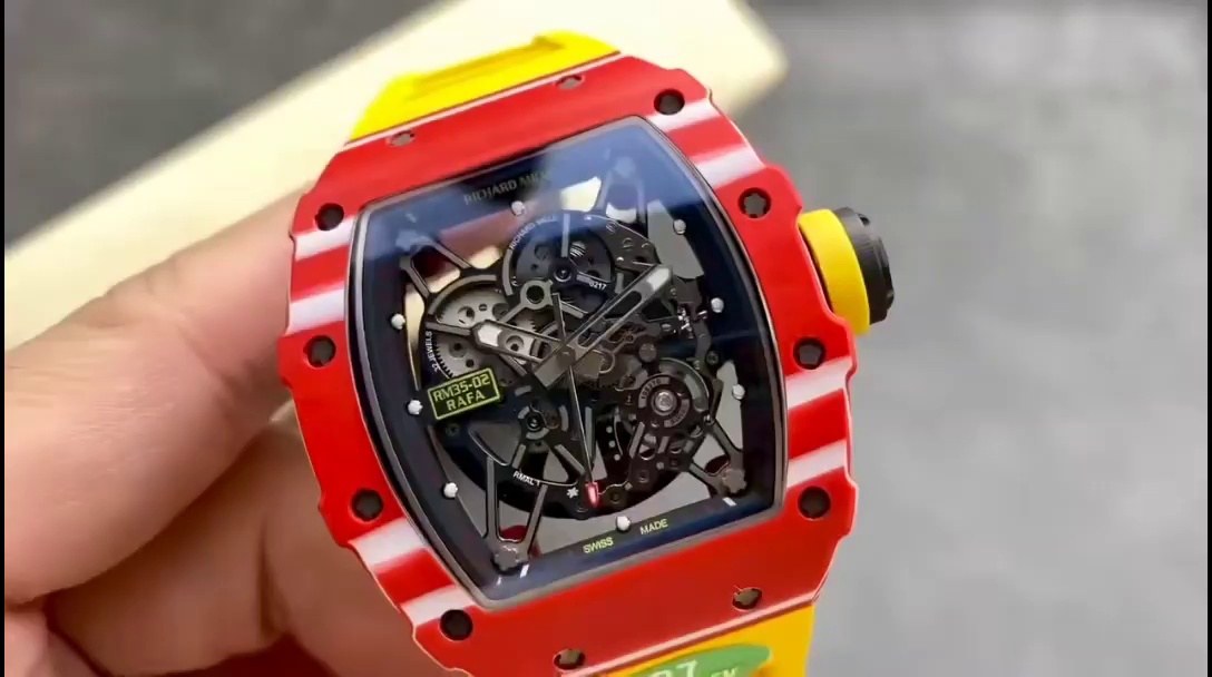 【7A Quality】Best Richard Mille RM35-02 Replica – Red Carbon Case, Yellow Strap, Skeleton Dial