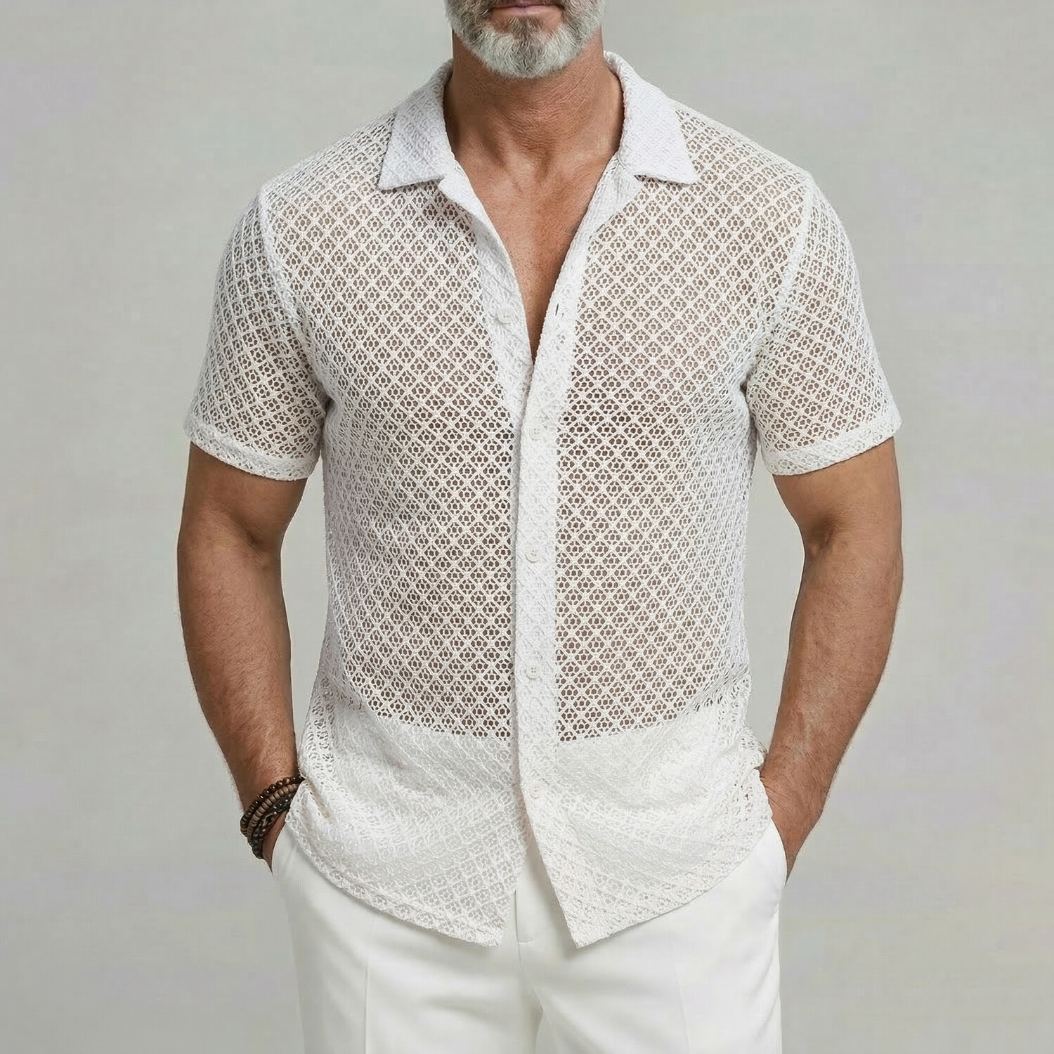 Men's Hollow Out Turndown Solid Color Casual Short Sleeve Shirt