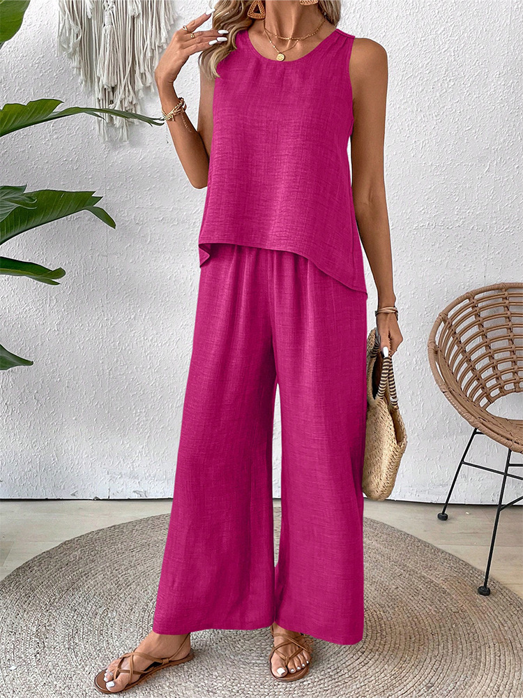 Women's Summer 2 Piece Outfits Sleeveless Crop Top Capri Wide Leg Pants Jumpsuit Linen Lounge Beach Travel Sets