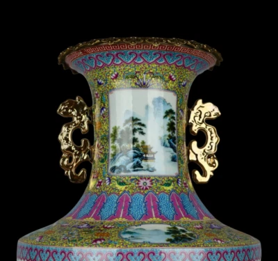 65CM Yongzheng Signed Old Chinese Famille Rose Vase w/landscape N4020