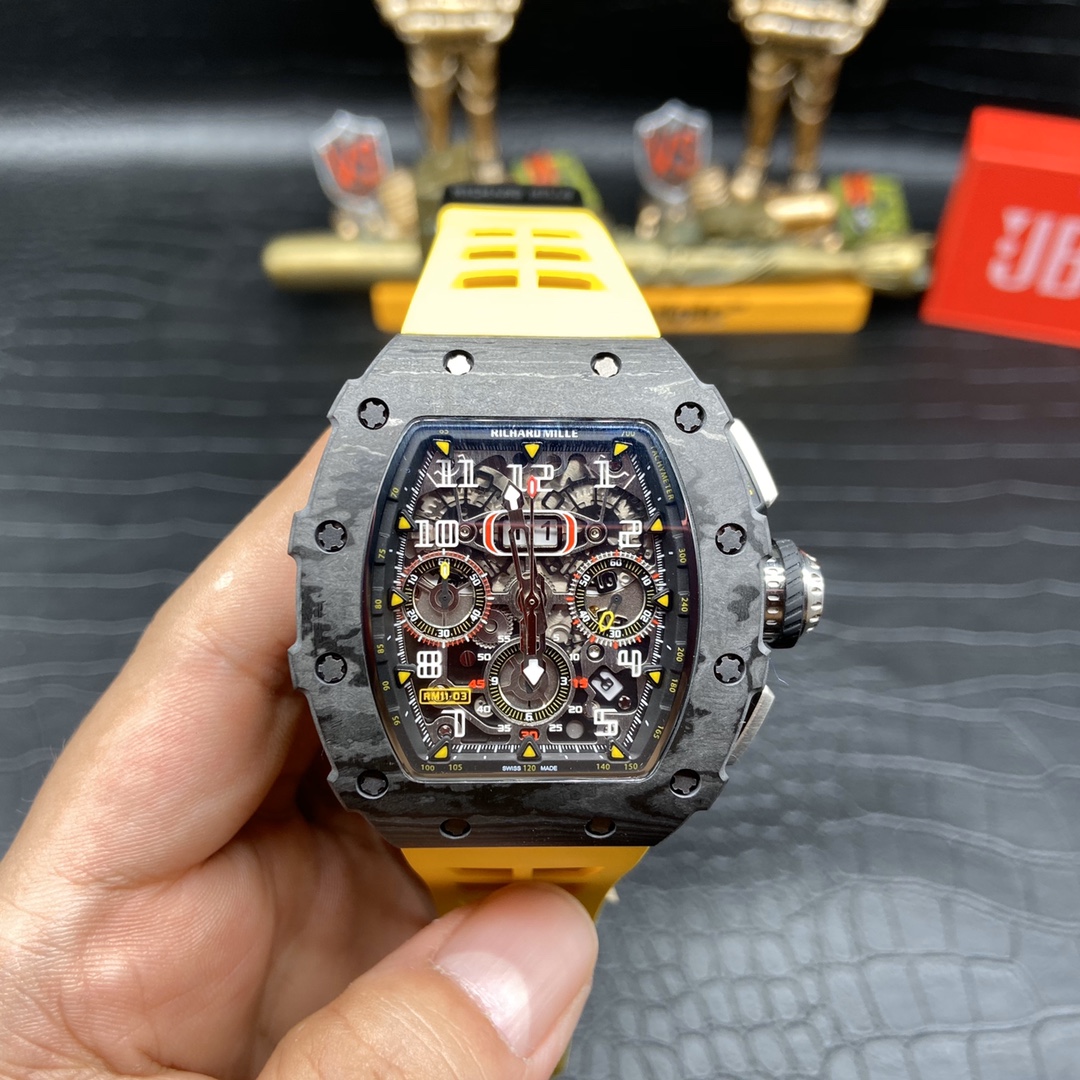 【7A Quality】Best Swiss Replica Richard Mille RM 011 Skeleton Dial Watch – Carbon Fiber Case, Yellow Rubber Strap