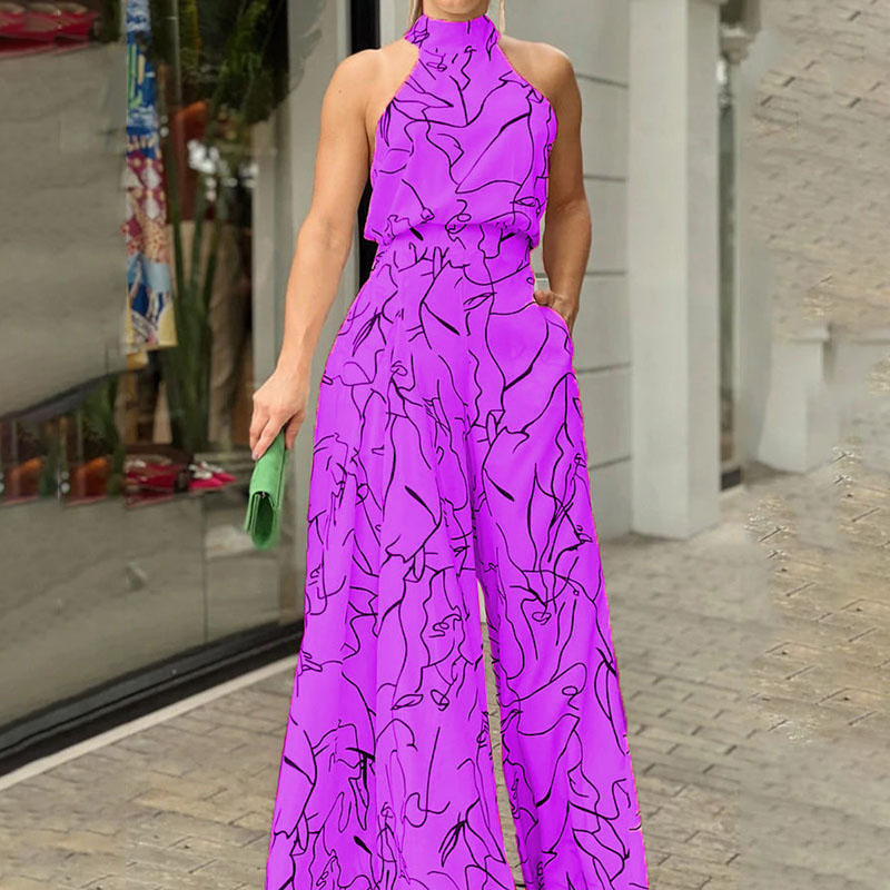 Ladies Elegant Waist Tie Sleeveless Halter Print Jumpsuit