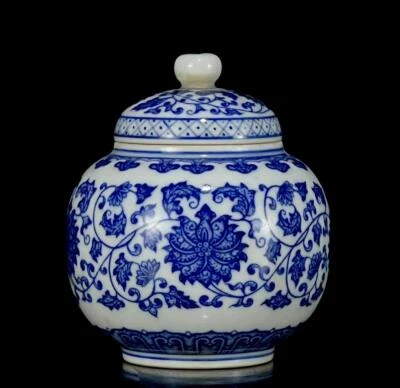 Pair Yongzheng Signed Old Chinese Blue and White Tea Caddy W/ flower N1060