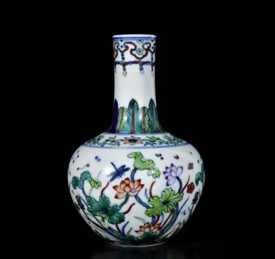 Pair Qianlong Signed Old Chinese Doucai Vase W/ louts flower N3388
