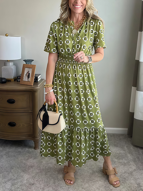 🌲🔥 Elastic Waistband Printed Dress