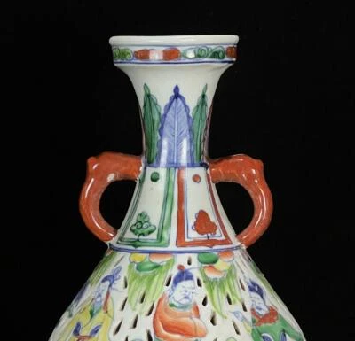 35CM Old Chinese Wucai Porcelain Vase w/figure N745