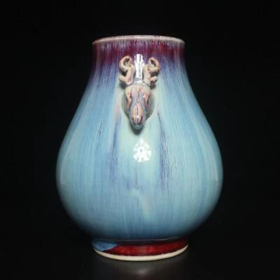 27CM Yongzheng Signed Old Chinese Jun Kiln Yaobian Glaze Vase w/deer