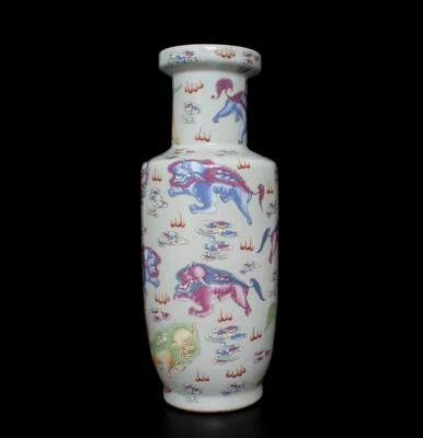45CM Kangxi Signed Old Chinese Famille Rose Vase W/lion