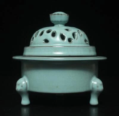 Chongning Signed Old Chinese Ru Yao Ru Kiln Incense Burner w/lid