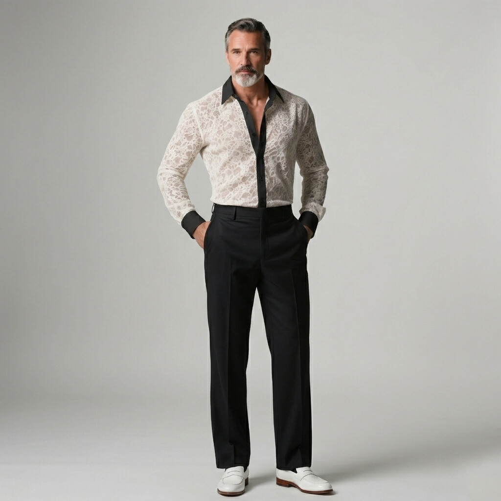 Men's Party Sheer Lace Contrast Trim Long Sleeve Shirt