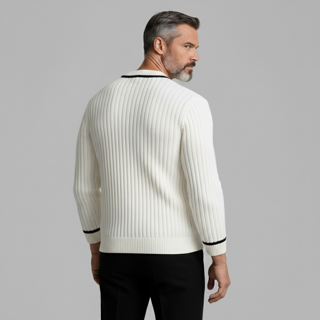 Men's Casual White Contrast Trim V Neck Long Sleeve Ribbed Knit Sweater
