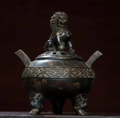 Qianlong Signed Old Chinese Bronze Incense Burner w/lion N2803