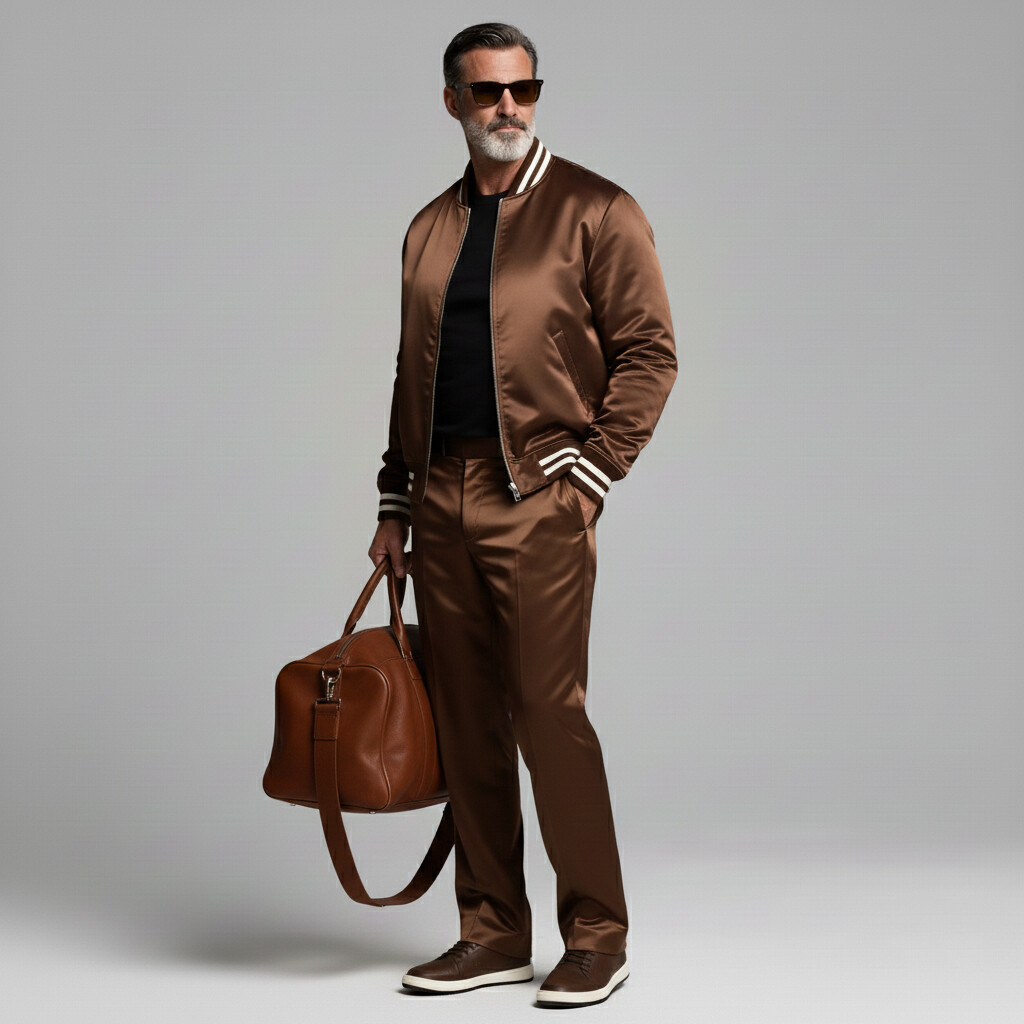 Men's Brown Striped Trim Stand Collar Long Sleeve Zipper Satin Bomber Jacket & Pocket Pants 2Pcs Set