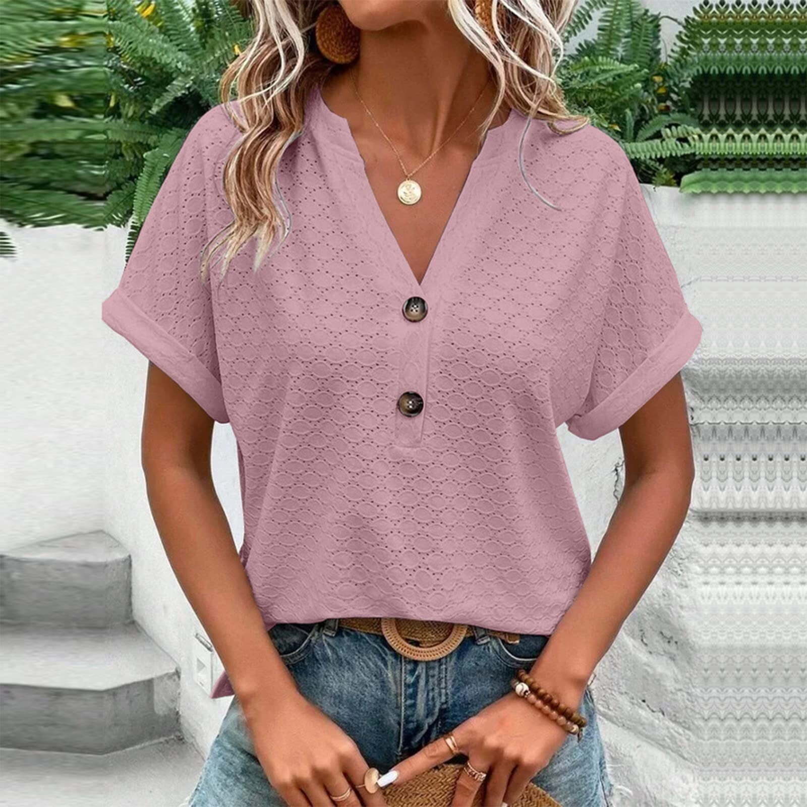 Women's Plus Size Fashion Casual Solid Button V Neck T-shirt