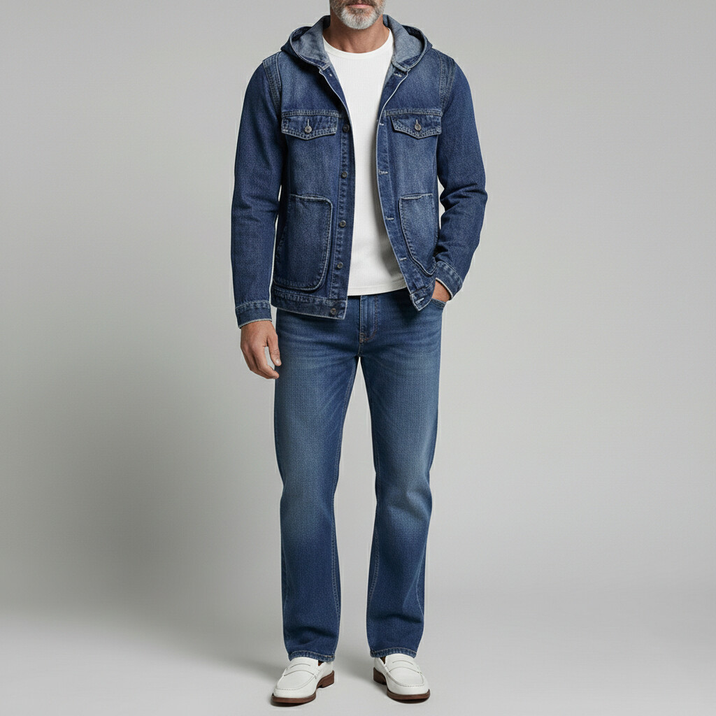 Men's Retro Washed Denim Pockets Hooded Single Breasted Long Sleeve Jacket