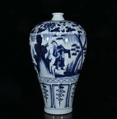 44CM Old Chinese Blue and White Vase W/figure N2022