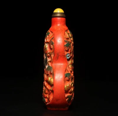 Signed Old Chinese Red Ink Stick Snuff Bottle w/gourd