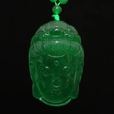 70G Chinese Natural Green Jadeite Jade Pendant w/ Guanyin Buddha