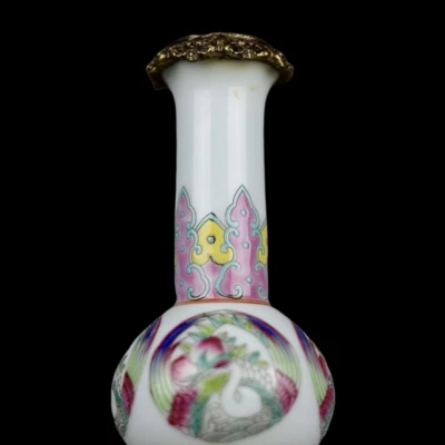33CM Qianlong Signed Old Chinese Famille Rose Vase w/flower N4010