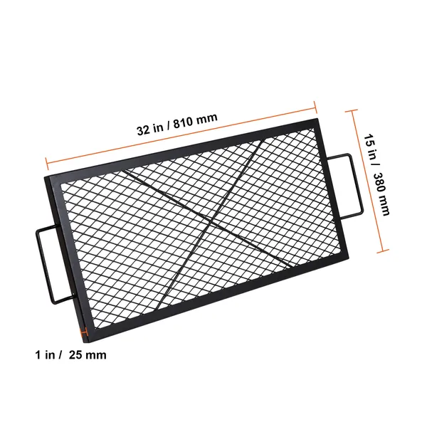 X-Marks Fire Pit Grill Grate, Rectangle Cooking Grate, Heavy Duty Steel Campfire BBQ Grill Grid with Handle & Support X Wire, Portable Camping Cookware for Outside Party Gathering, 32 Inch Black
