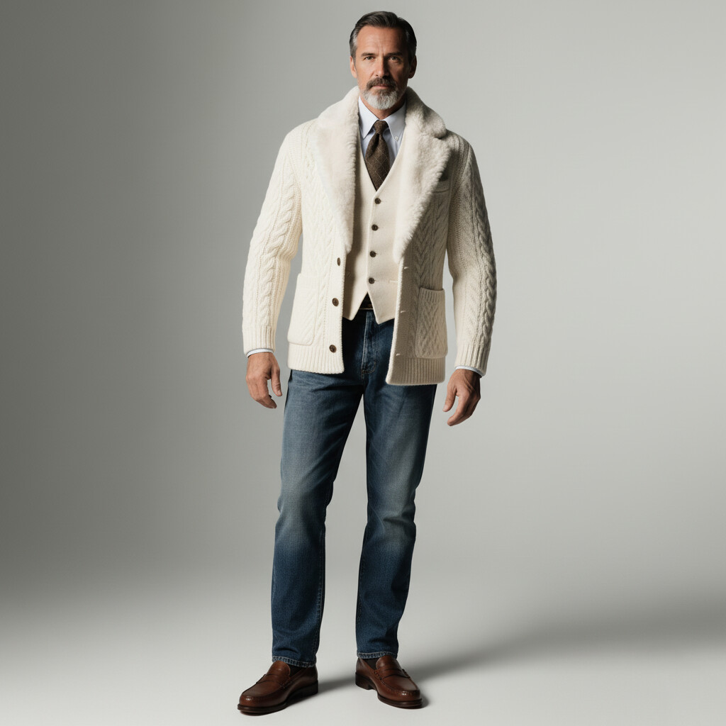 Men's Beige Fur Collar Long Sleeve Button Patch Pocket Cable Knit Cardigans