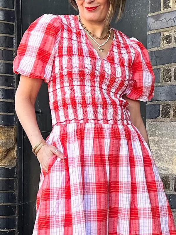 🌲🔥 Summer Plaid Elastic Waist Bubble Sleeve Dress