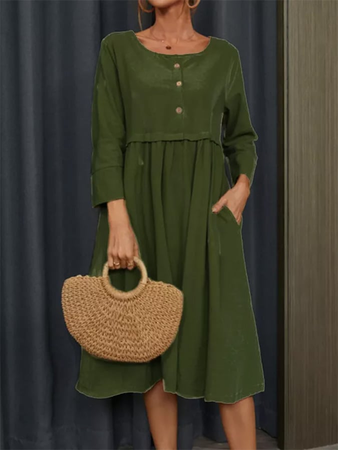 Round Neck Button Pocket Cotton Linen Long Sleeve Solid Color Dress