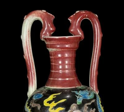 43CM Neifu Signed Old Chinese Red Glaze Three Color Vase W/dragon N700