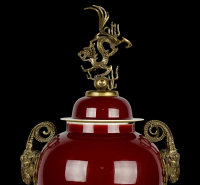 82CM Qianlong Signed Old Chinese Langhong Red Glaze Lid Pot w/sheep N4033