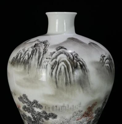 33CM Qianlong Signed Old Chinese Ink Color Vase W/landscape N483